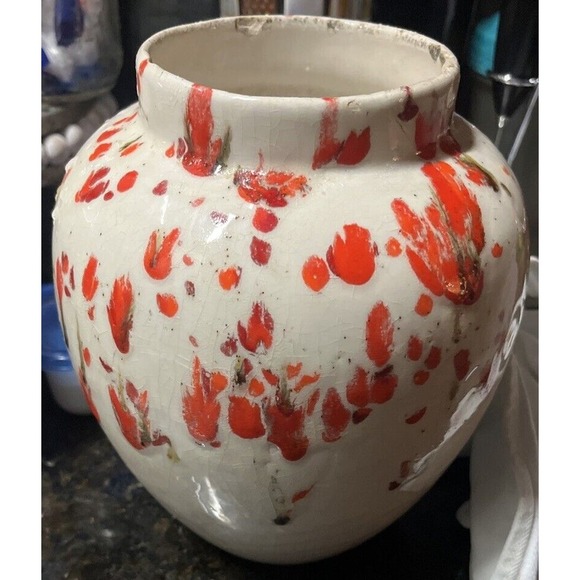 Vintage MCM Drip Glaze Speckled Splatter Orange Brown 8” Vase porcelain retro